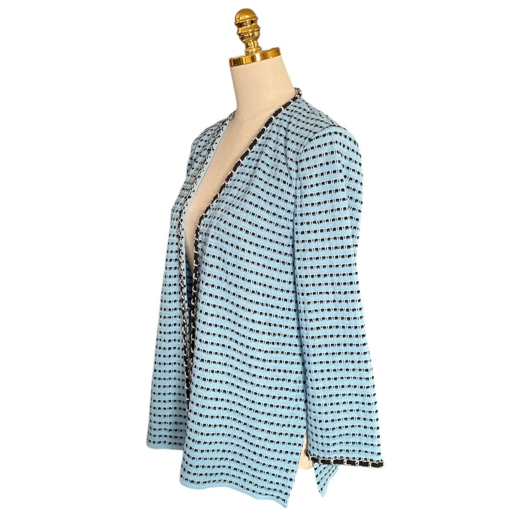 Ming Wang Women’s Light Blue Textured Knit Crotchet Chain Trim Blazer Medium - Picture 3 of 11